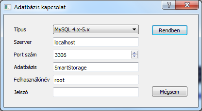 Az adatbázis-kapcsolat paraméterei a Qt SmartStorage programban
