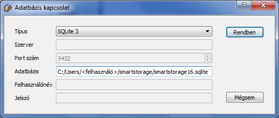 SQLite 3 adatbázistípus kiválasztása a kapcsolódási ablakban